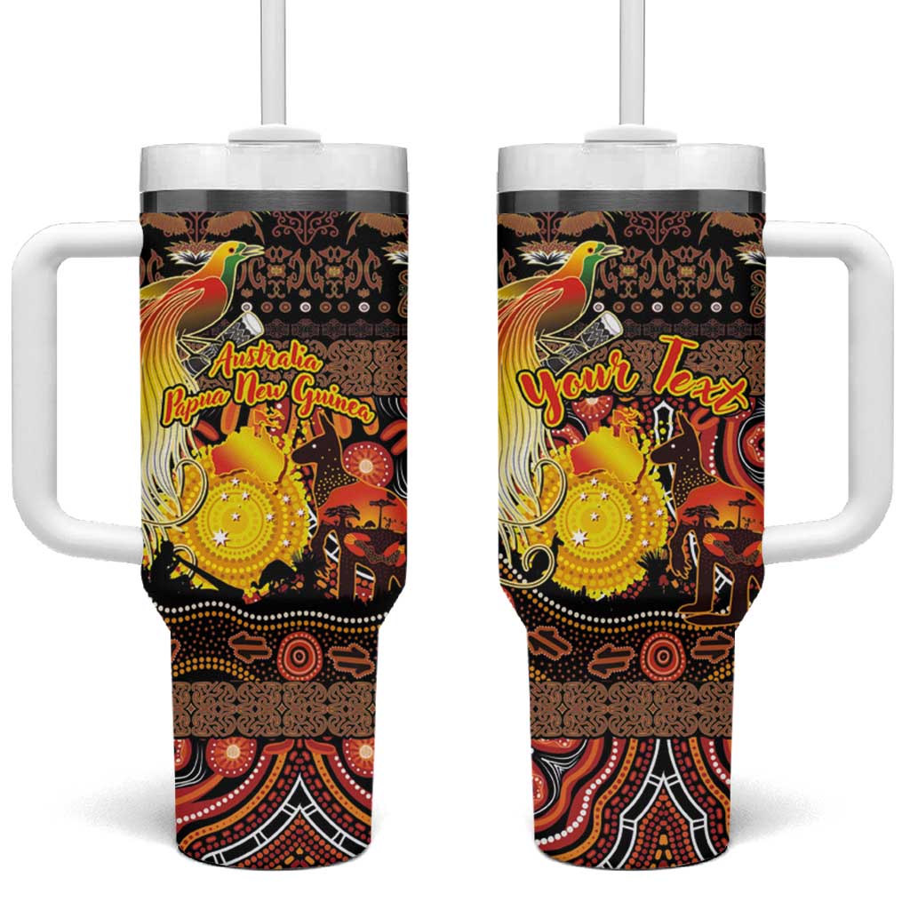 Personalized Australia and Papua New Guinea Together Tumbler With Handle Kangaroo Aboriginal Art and Bird-of-paradise Oro Tribal Motifs - Aussie Hoodie