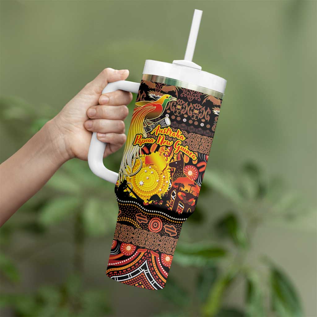 Personalized Australia and Papua New Guinea Together Tumbler With Handle Kangaroo Aboriginal Art and Bird-of-paradise Oro Tribal Motifs - Aussie Hoodie