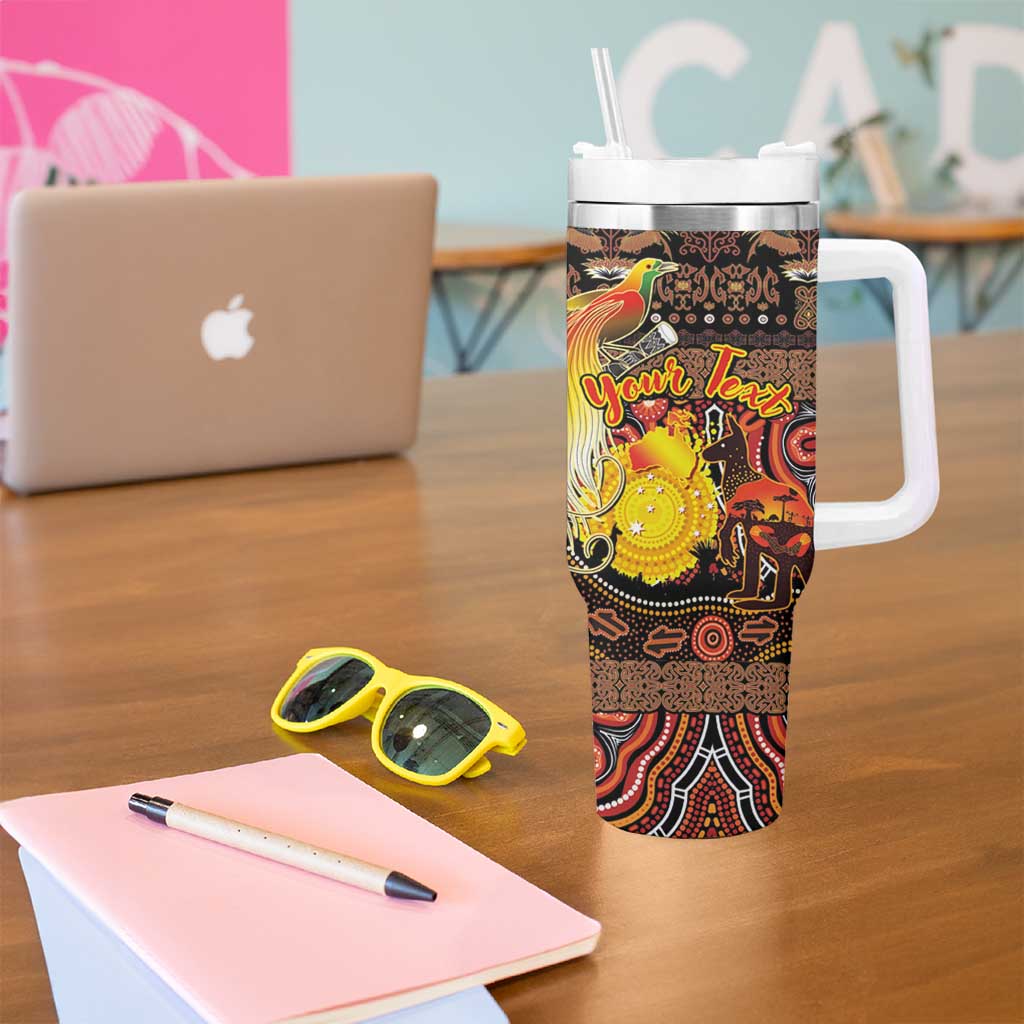 Personalized Australia and Papua New Guinea Together Tumbler With Handle Kangaroo Aboriginal Art and Bird-of-paradise Oro Tribal Motifs - Aussie Hoodie