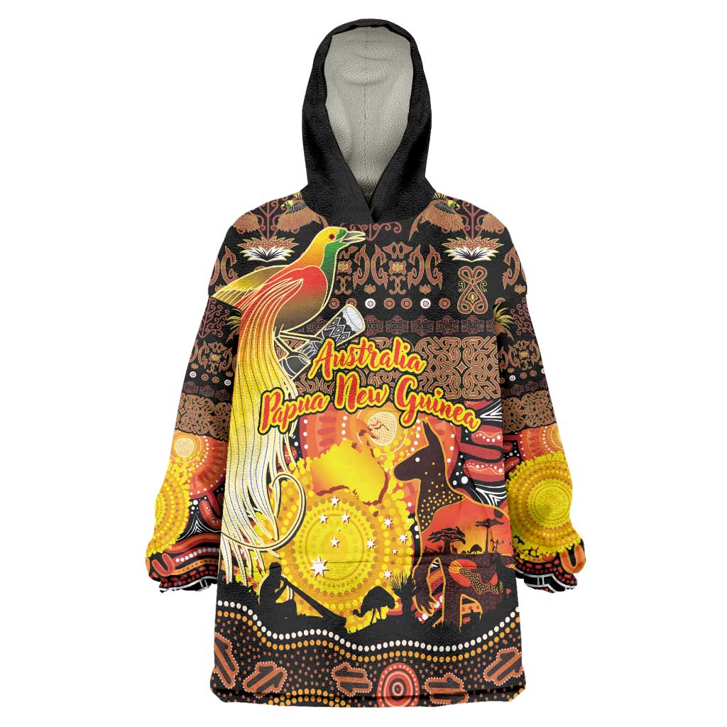 Personalized Australia and Papua New Guinea Together Wearable Blanket Hoodie Kangaroo Aboriginal Art and Bird-of-paradise Oro Tribal Motifs - Aussie Hoodie