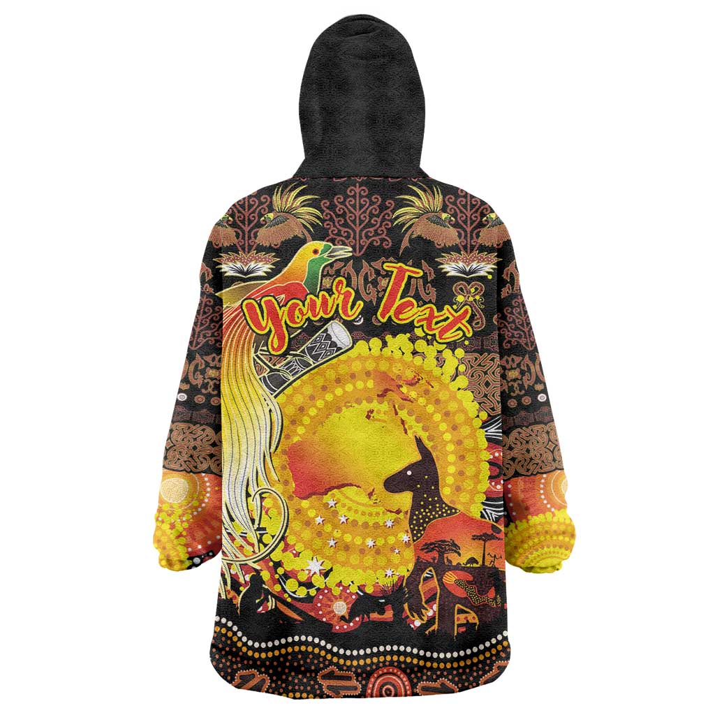 Personalized Australia and Papua New Guinea Together Wearable Blanket Hoodie Kangaroo Aboriginal Art and Bird-of-paradise Oro Tribal Motifs - Aussie Hoodie
