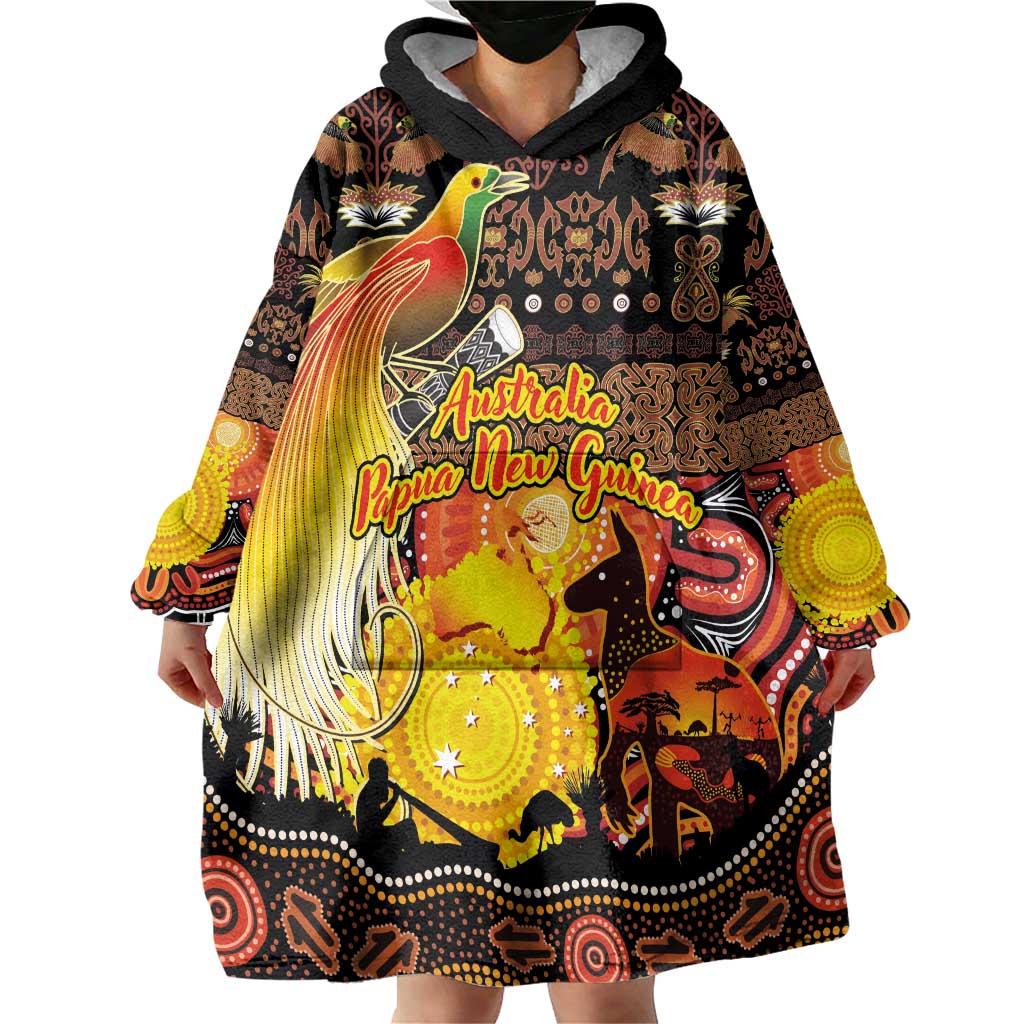 Personalized Australia and Papua New Guinea Together Wearable Blanket Hoodie Kangaroo Aboriginal Art and Bird-of-paradise Oro Tribal Motifs - Aussie Hoodie