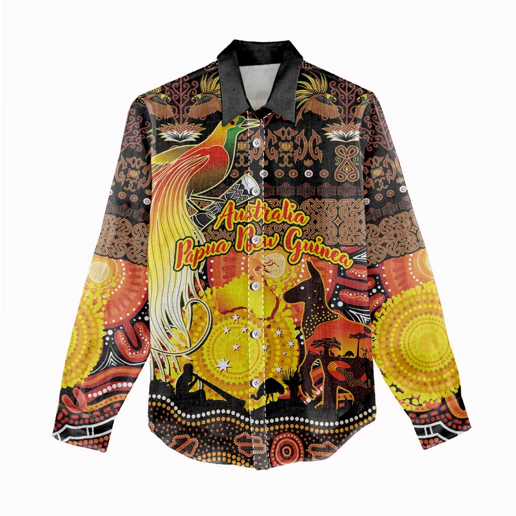 Personalized Australia and Papua New Guinea Together Women Casual Shirt Kangaroo Aboriginal Art and Bird-of-paradise Oro Tribal Motifs - Aussie Hoodie
