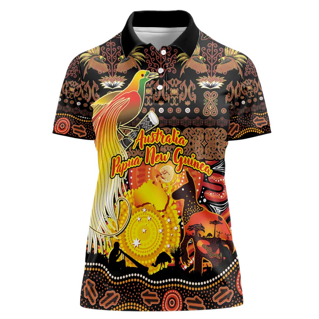 Personalized Australia and Papua New Guinea Together Women Polo Shirt Kangaroo Aboriginal Art and Bird-of-paradise Oro Tribal Motifs - Aussie Hoodie