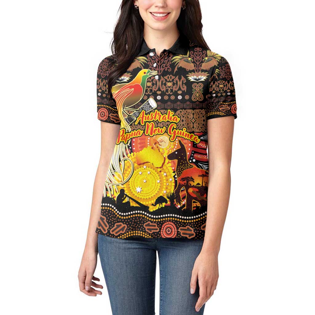 Personalized Australia and Papua New Guinea Together Women Polo Shirt Kangaroo Aboriginal Art and Bird-of-paradise Oro Tribal Motifs - Aussie Hoodie