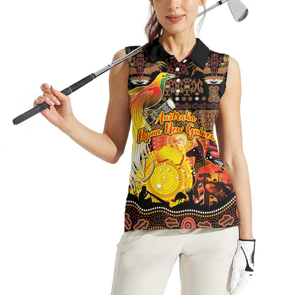 Personalized Australia and Papua New Guinea Together Women Sleeveless Polo Shirt Kangaroo Aboriginal Art and Bird-of-paradise Oro Tribal Motifs - Aussie Hoodie