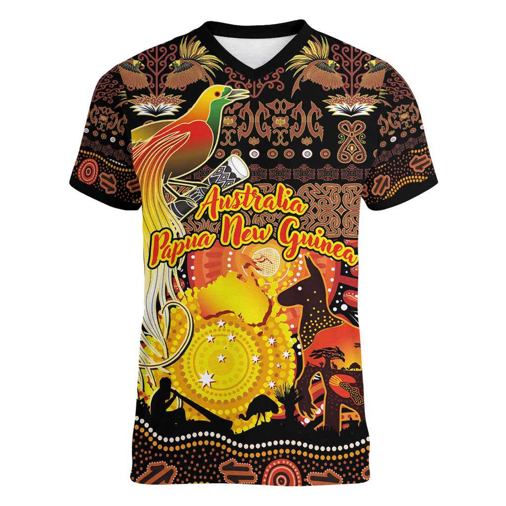 Personalized Australia and Papua New Guinea Together Women V-Neck T-Shirt Kangaroo Aboriginal Art and Bird-of-paradise Oro Tribal Motifs - Aussie Hoodie