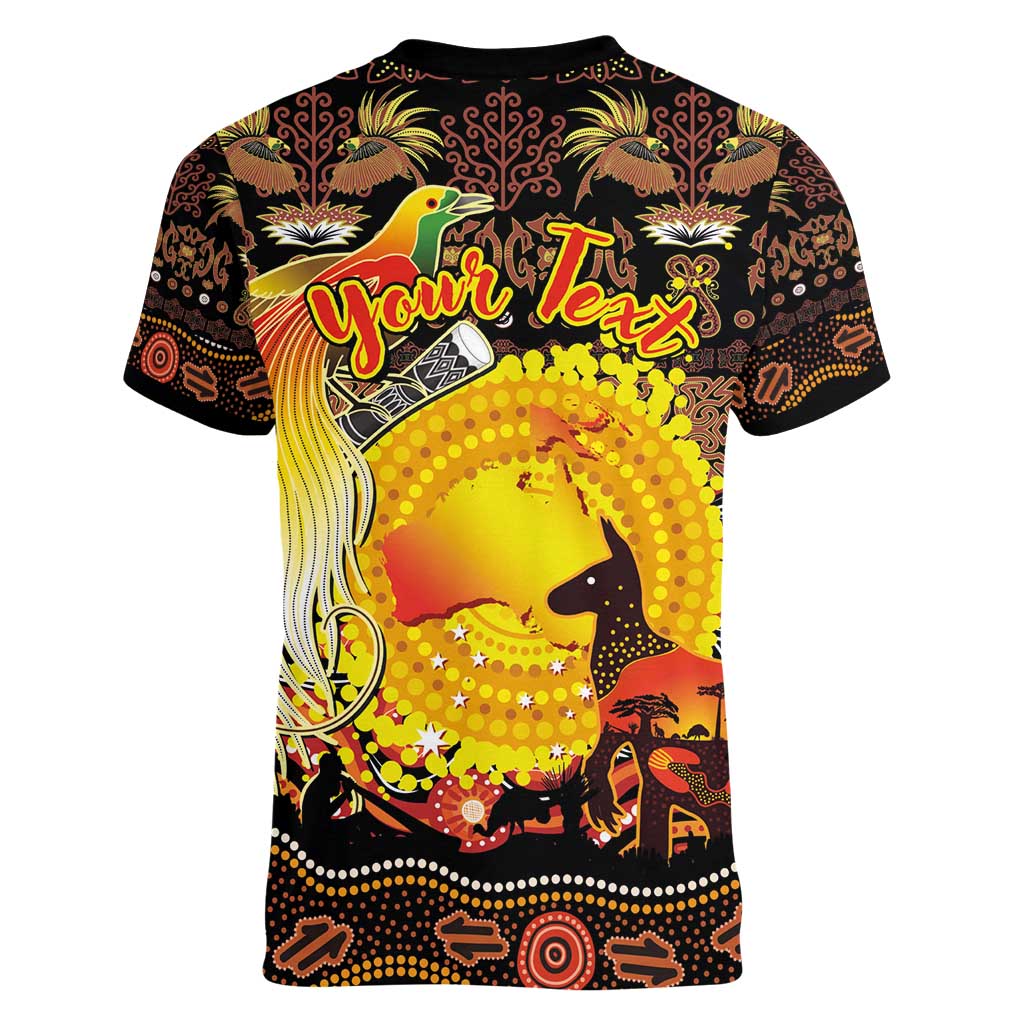 Personalized Australia and Papua New Guinea Together Women V-Neck T-Shirt Kangaroo Aboriginal Art and Bird-of-paradise Oro Tribal Motifs - Aussie Hoodie