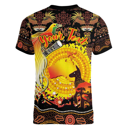 Personalized Australia and Papua New Guinea Together Women V-Neck T-Shirt Kangaroo Aboriginal Art and Bird-of-paradise Oro Tribal Motifs - Aussie Hoodie