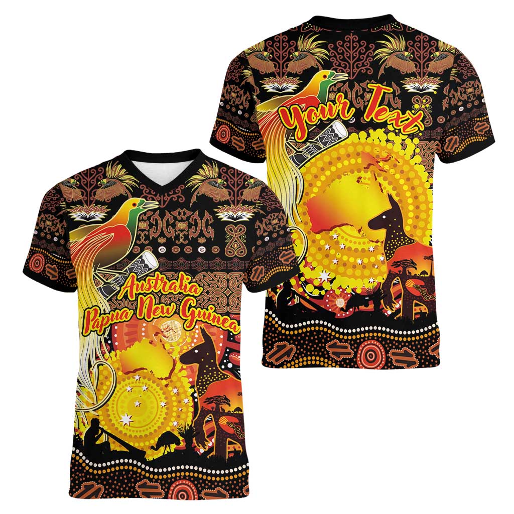 Personalized Australia and Papua New Guinea Together Women V-Neck T-Shirt Kangaroo Aboriginal Art and Bird-of-paradise Oro Tribal Motifs - Aussie Hoodie