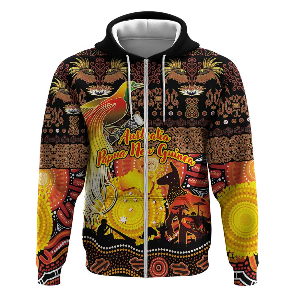Personalized Australia and Papua New Guinea Together Zip Hoodie Kangaroo Aboriginal Art and Bird-of-paradise Oro Tribal Motifs - Aussie Hoodie