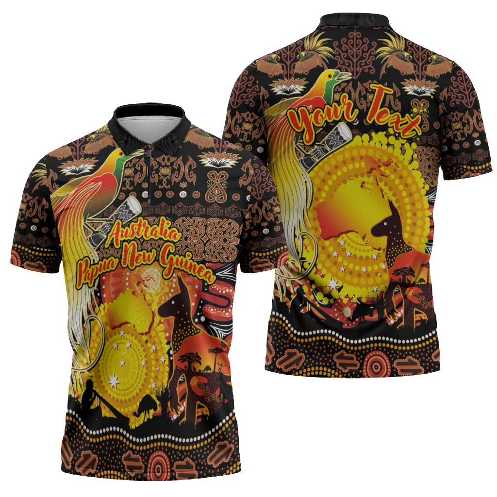 Personalized Australia and Papua New Guinea Together Zipper Polo Shirt Kangaroo Aboriginal Art and Bird-of-paradise Oro Tribal Motifs - Aussie Hoodie