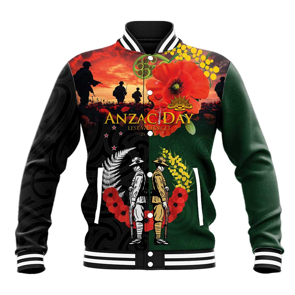 New Zealand and Australia ANZAC Day Baseball Jacket Lest We Forget Indigenous and Maori Pattern