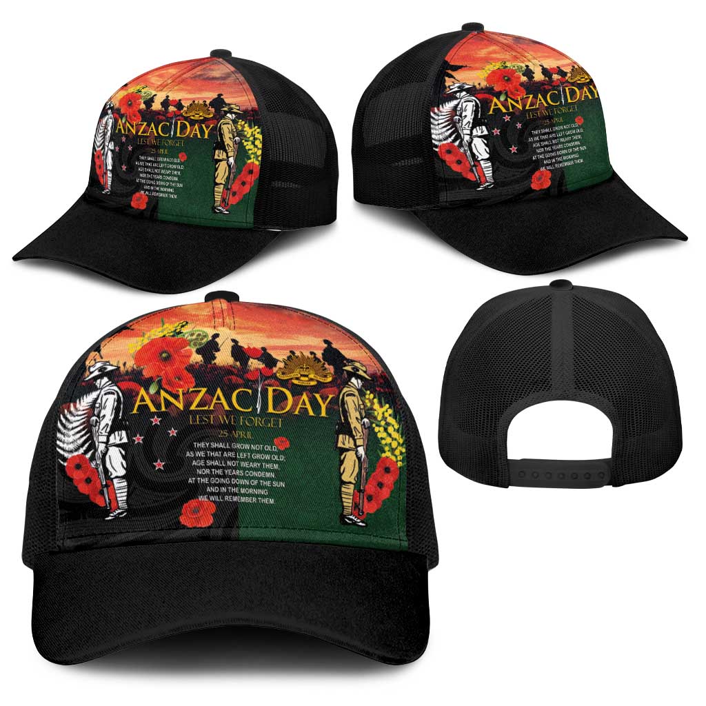 New Zealand and Australia ANZAC Day Baseball Net Cap Lest We Forget Indigenous and Maori Pattern