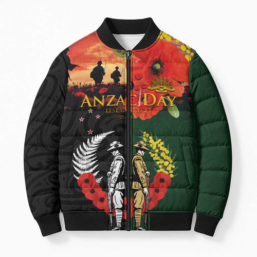 New Zealand and Australia ANZAC Day Bomber Puffer Jacket Lest We Forget Indigenous and Maori Pattern