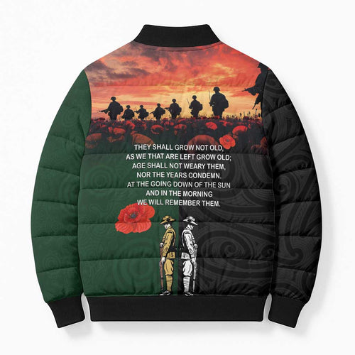 New Zealand and Australia ANZAC Day Bomber Puffer Jacket Lest We Forget Indigenous and Maori Pattern
