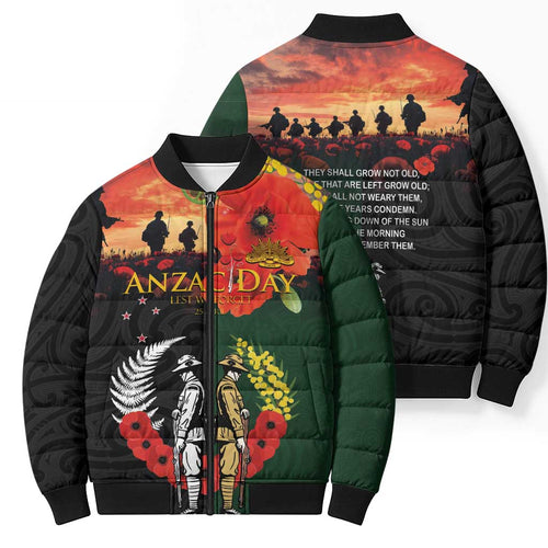 New Zealand and Australia ANZAC Day Bomber Puffer Jacket Lest We Forget Indigenous and Maori Pattern