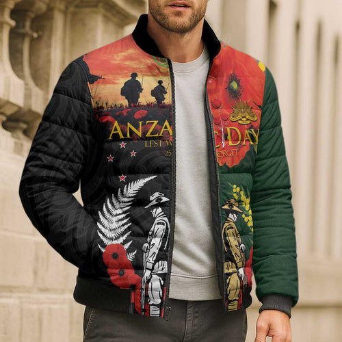 New Zealand and Australia ANZAC Day Bomber Puffer Jacket Lest We Forget Indigenous and Maori Pattern