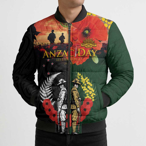 New Zealand and Australia ANZAC Day Bomber Puffer Jacket Lest We Forget Indigenous and Maori Pattern