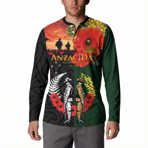 New Zealand and Australia ANZAC Day Button Sweatshirt Lest We Forget Indigenous and Maori Pattern
