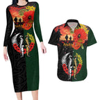 New Zealand and Australia ANZAC Day Couples Matching Long Sleeve Bodycon Dress and Hawaiian Shirt Lest We Forget Indigenous and Maori Pattern