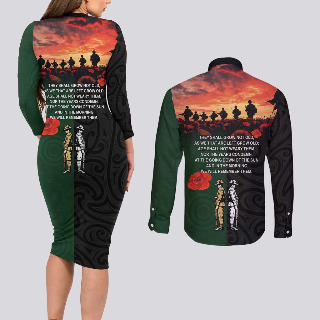 New Zealand and Australia ANZAC Day Couples Matching Long Sleeve Bodycon Dress and Long Sleeve Button Shirt Lest We Forget Indigenous and Maori Pattern