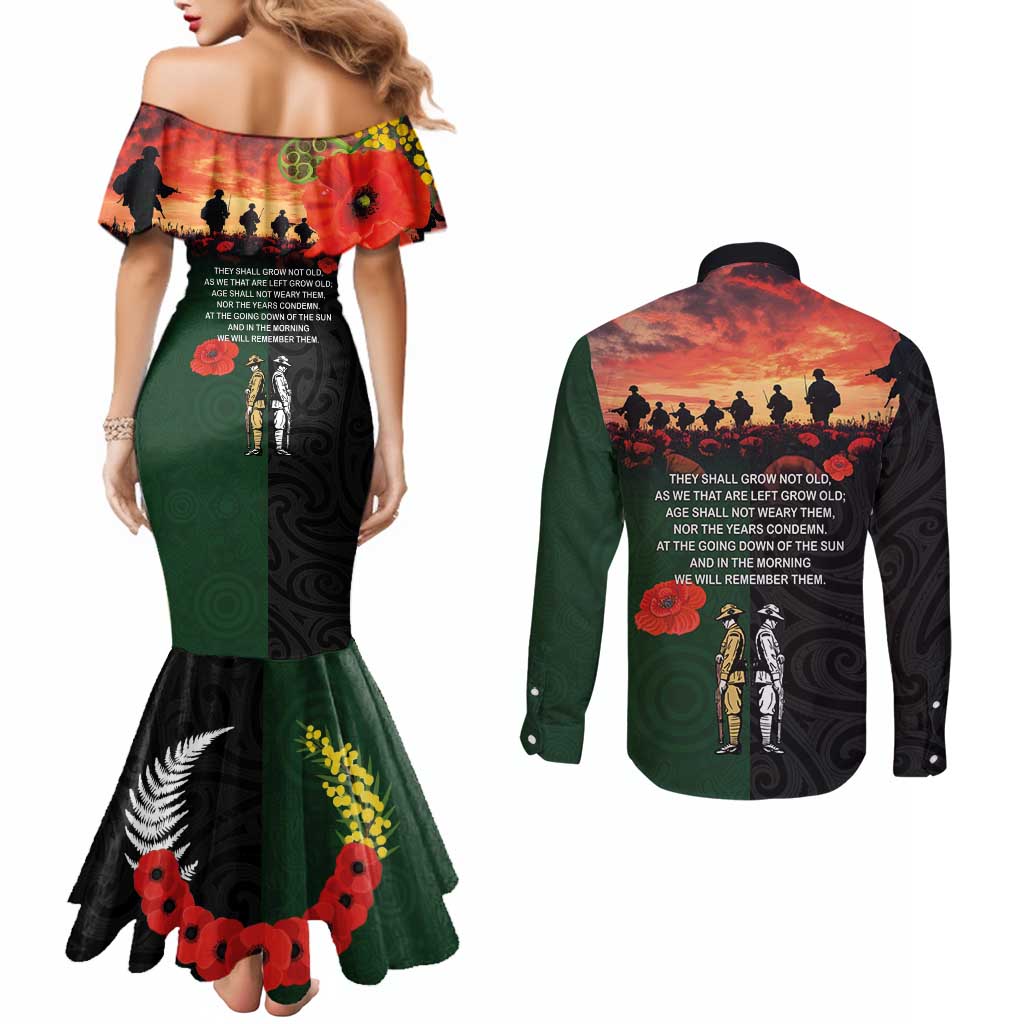New Zealand and Australia ANZAC Day Couples Matching Mermaid Dress and Long Sleeve Button Shirt Lest We Forget Indigenous and Maori Pattern