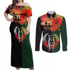 New Zealand and Australia ANZAC Day Couples Matching Off Shoulder Maxi Dress and Long Sleeve Button Shirt Lest We Forget Indigenous and Maori Pattern