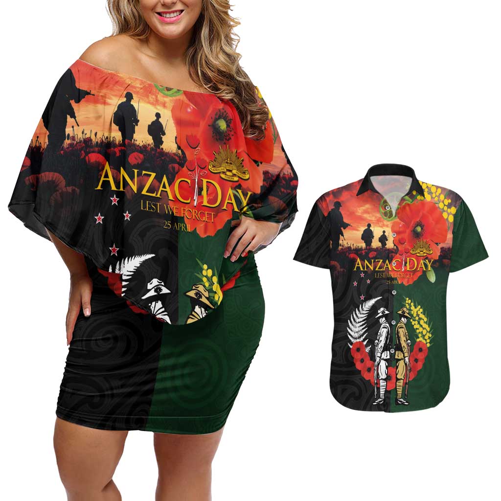 New Zealand and Australia ANZAC Day Couples Matching Off Shoulder Short Dress and Hawaiian Shirt Lest We Forget Indigenous and Maori Pattern