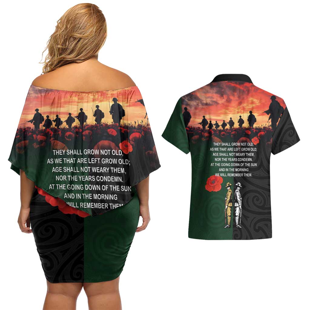 New Zealand and Australia ANZAC Day Couples Matching Off Shoulder Short Dress and Hawaiian Shirt Lest We Forget Indigenous and Maori Pattern