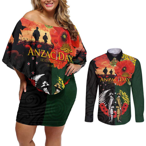 New Zealand and Australia ANZAC Day Couples Matching Off Shoulder Short Dress and Long Sleeve Button Shirt Lest We Forget Indigenous and Maori Pattern