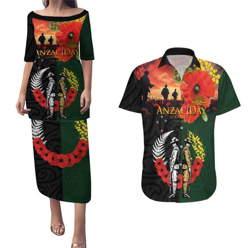 New Zealand and Australia ANZAC Day Couples Matching Puletasi and Hawaiian Shirt Lest We Forget Indigenous and Maori Pattern