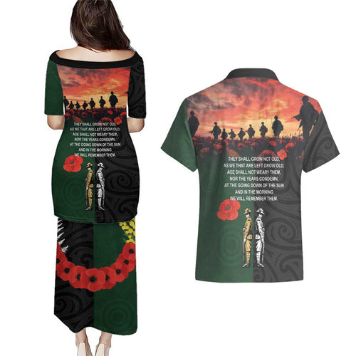 New Zealand and Australia ANZAC Day Couples Matching Puletasi and Hawaiian Shirt Lest We Forget Indigenous and Maori Pattern