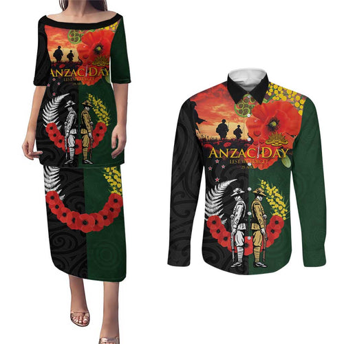 New Zealand and Australia ANZAC Day Couples Matching Puletasi and Long Sleeve Button Shirt Lest We Forget Indigenous and Maori Pattern