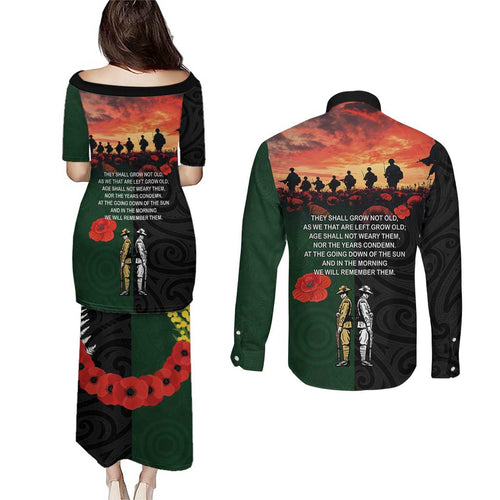 New Zealand and Australia ANZAC Day Couples Matching Puletasi and Long Sleeve Button Shirt Lest We Forget Indigenous and Maori Pattern