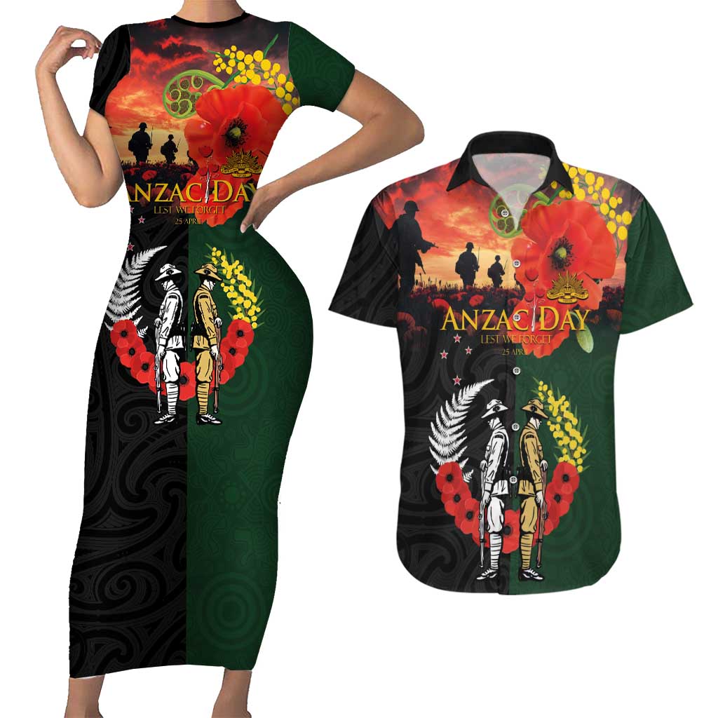 New Zealand and Australia ANZAC Day Couples Matching Short Sleeve Bodycon Dress and Hawaiian Shirt Lest We Forget Indigenous and Maori Pattern
