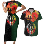 New Zealand and Australia ANZAC Day Couples Matching Short Sleeve Bodycon Dress and Hawaiian Shirt Lest We Forget Indigenous and Maori Pattern