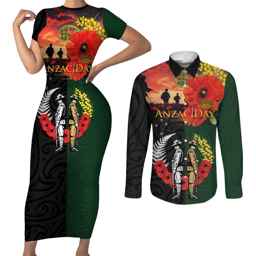 New Zealand and Australia ANZAC Day Couples Matching Short Sleeve Bodycon Dress and Long Sleeve Button Shirt Lest We Forget Indigenous and Maori Pattern