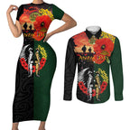 New Zealand and Australia ANZAC Day Couples Matching Short Sleeve Bodycon Dress and Long Sleeve Button Shirt Lest We Forget Indigenous and Maori Pattern