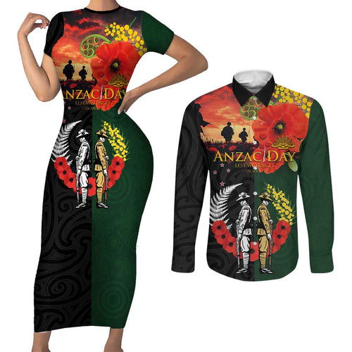 New Zealand and Australia ANZAC Day Couples Matching Short Sleeve Bodycon Dress and Long Sleeve Button Shirt Lest We Forget Indigenous and Maori Pattern