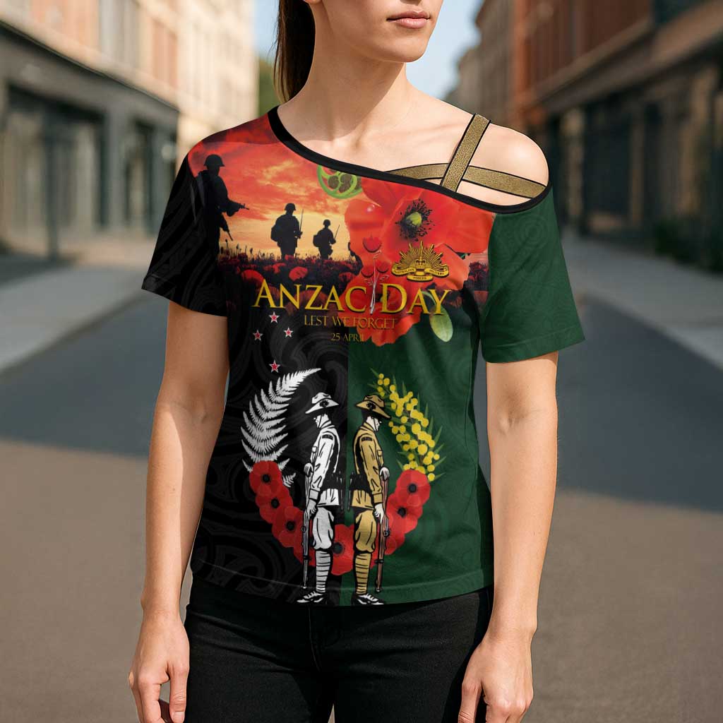 New Zealand and Australia ANZAC Day Cross Shoulder Shirt Lest We Forget Indigenous and Maori Pattern
