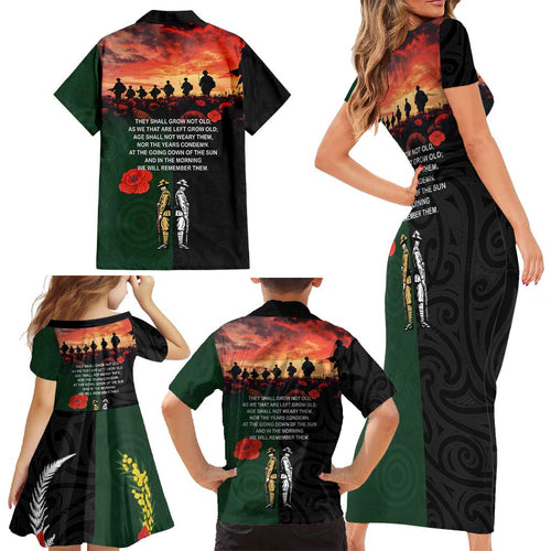New Zealand and Australia ANZAC Day Family Matching Short Sleeve Bodycon Dress and Hawaiian Shirt Lest We Forget Indigenous and Maori Pattern
