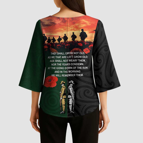 New Zealand and Australia ANZAC Day Kimono Sleeve Blouse Lest We Forget Indigenous and Maori Pattern