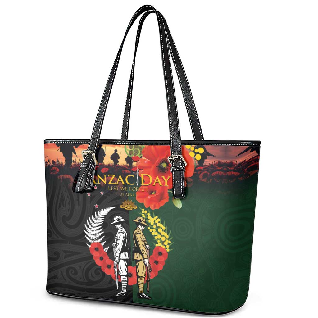 New Zealand and Australia ANZAC Day Leather Tote Bag Lest We Forget Indigenous and Maori Pattern