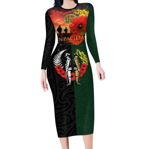 New Zealand and Australia ANZAC Day Long Sleeve Bodycon Dress Lest We Forget Indigenous and Maori Pattern