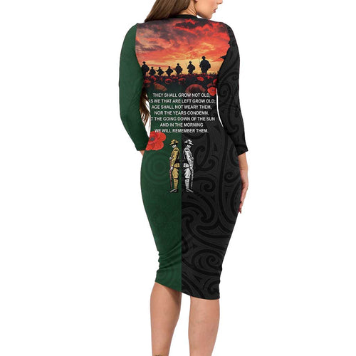 New Zealand and Australia ANZAC Day Long Sleeve Bodycon Dress Lest We Forget Indigenous and Maori Pattern