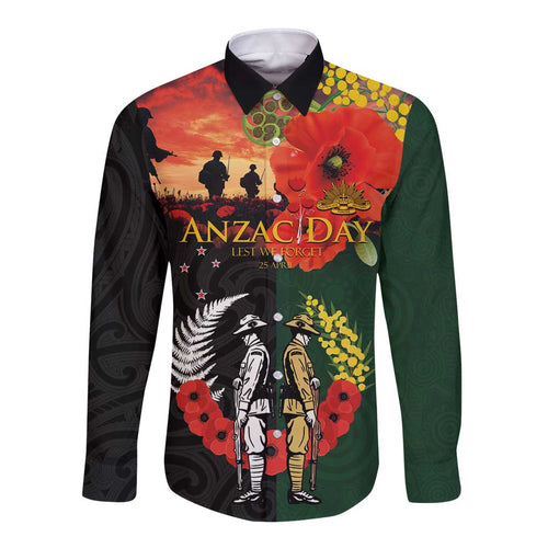 New Zealand and Australia ANZAC Day Long Sleeve Button Shirt Lest We Forget Indigenous and Maori Pattern