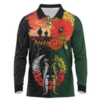 New Zealand and Australia ANZAC Day Long Sleeve Polo Shirt Lest We Forget Indigenous and Maori Pattern
