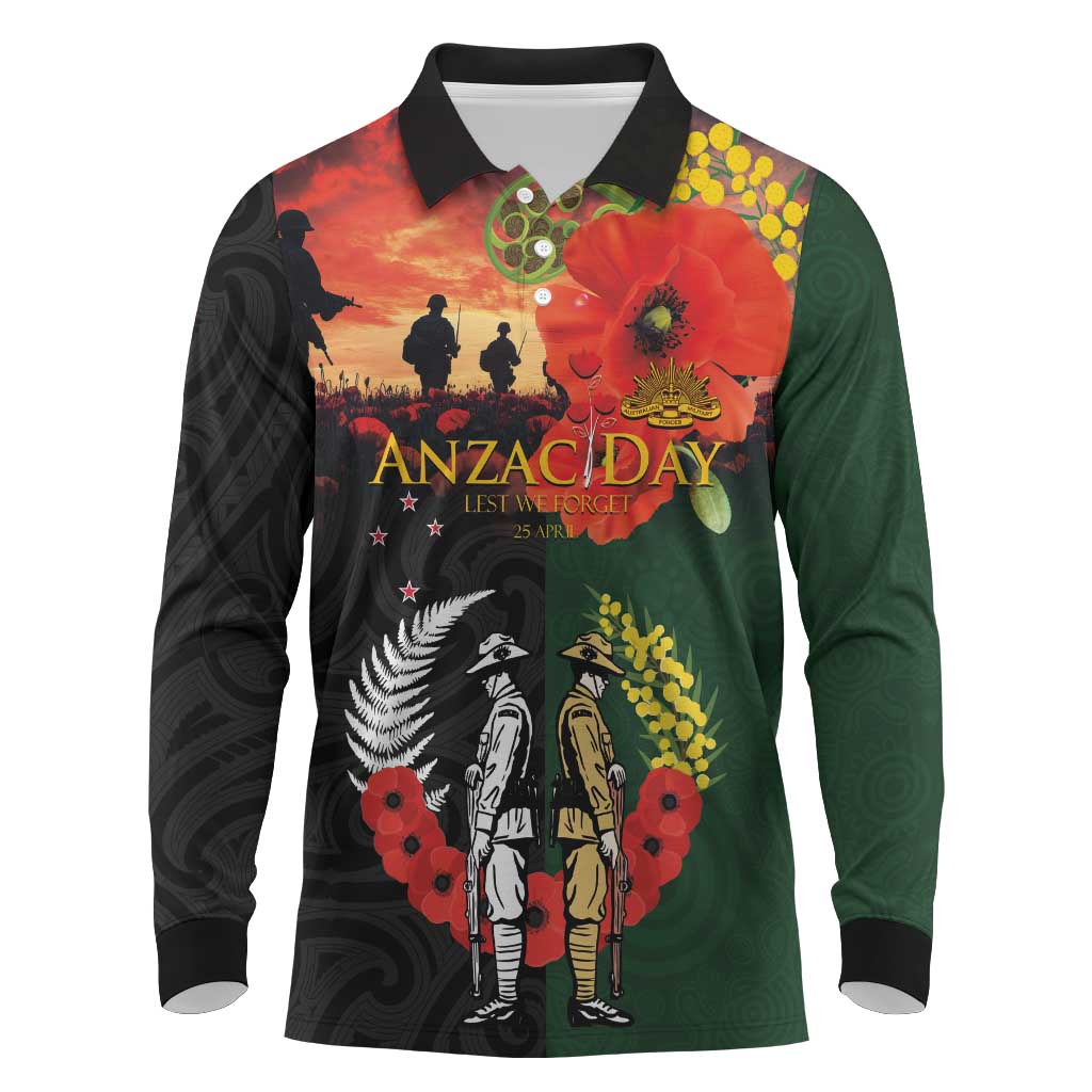 New Zealand and Australia ANZAC Day Long Sleeve Polo Shirt Lest We Forget Indigenous and Maori Pattern