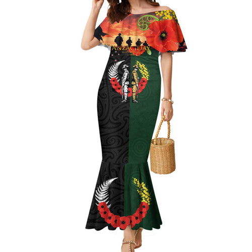 New Zealand and Australia ANZAC Day Mermaid Dress Lest We Forget Indigenous and Maori Pattern
